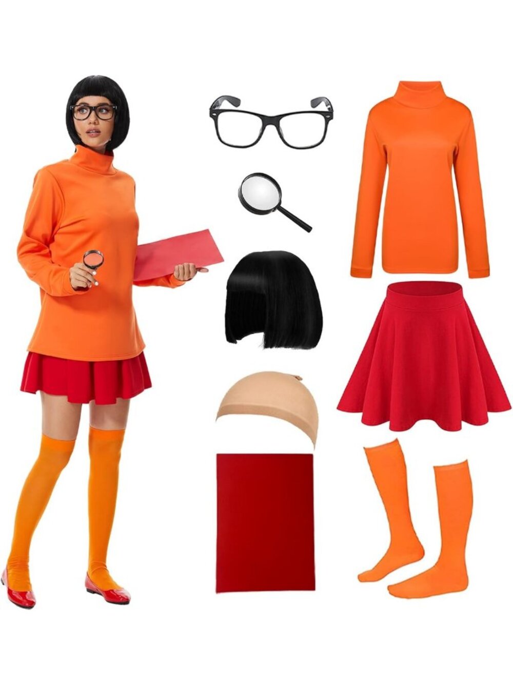 Classic Velma Costume for Women - Halloween Movie Character Outfit with Bob Wig
